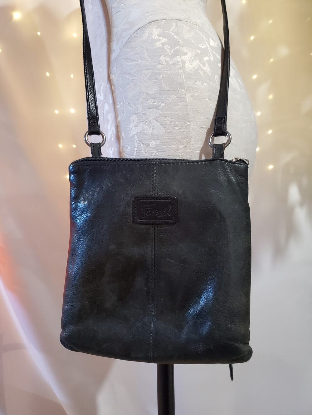 Fossil Black Leather Crossbody Bag Classic Soft Everyday Small Travel Zip Purse